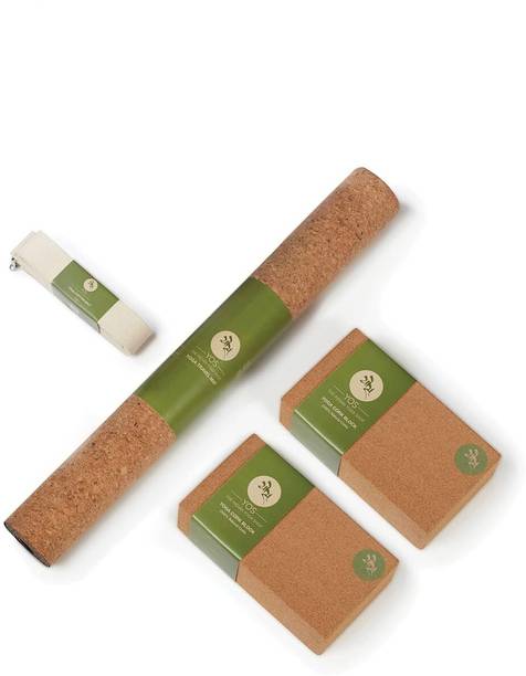 YOS - THE INDIAN YOGA SHOP Yoga Combo, Set of 2 Natural Cork Block + Yoga Cotton Belt 9ft + Cork Travel Mat Yoga Kit
