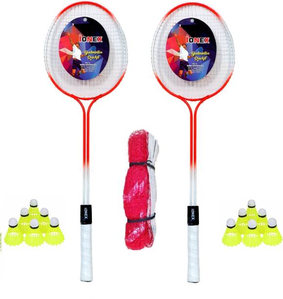 IONEX Double Shaft Multicolor Set Of 2 Piece Badminton Racket With 10 Piece Plastic Shuttle and 1 net Badminton Kit