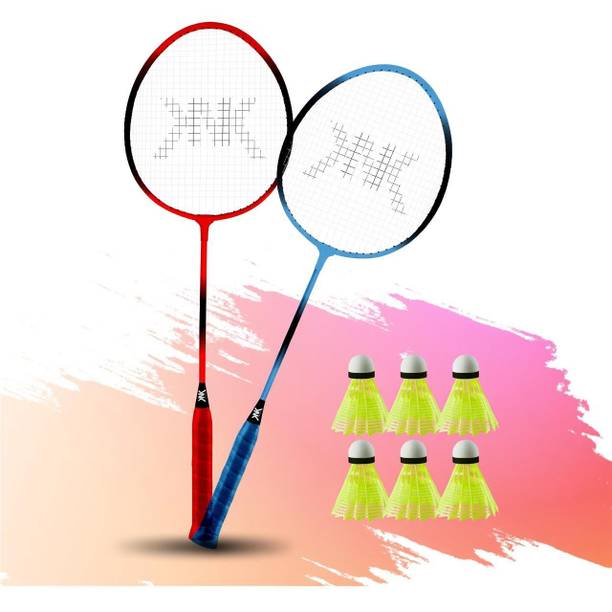 KNK Single Shaft Badminton Racket Set Of 2 With 6 Pc Nylon Shuttlecock Badminton Kit