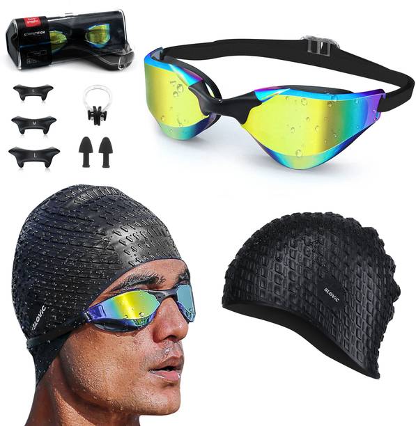 स्लोविक Goggles & Cap for Adults | UV Protection| Combo स्विमिंग किट