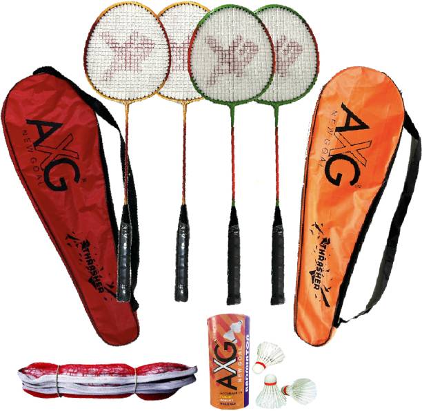 AXG NEW GOAL Classy Colored Thrasher Racquets with Feather shuttles and Net Badminton Kit