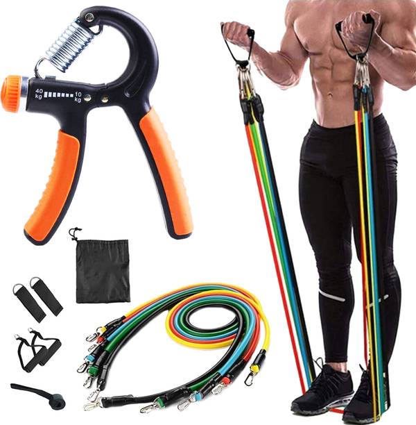 QUICK FIT Fitness Combo of 11-In-1 Resistance Bands Set & Hand Gripper for Workout Fitness Accessory Kit Kit