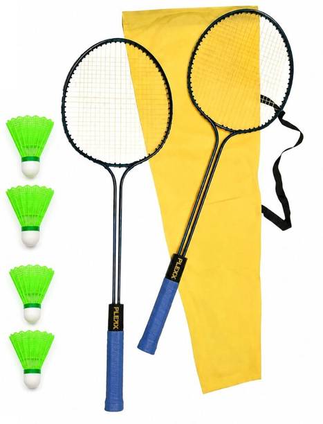 PLEXX Double-Shaft Badminton Racquet with 4 Nylon Shuttle | Durable & Lightweigh