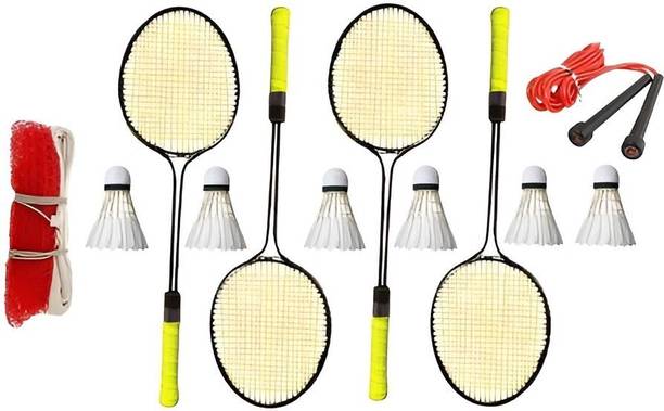 NS Sports Racquet Set of 4pcs (2 Pair) With 6pcs Feather Shuttles 1 Net 1 Pencil Rope Badminton Kit