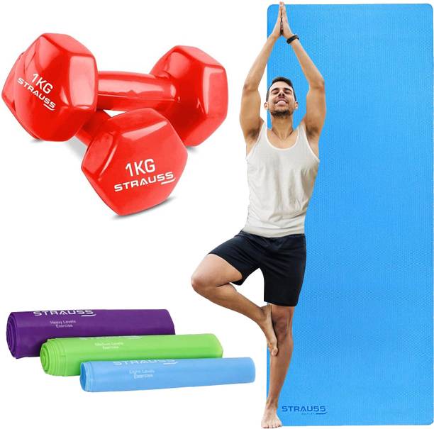 Strauss Yoga Combo Kit|6mm Eva Yoga Mat with Resistance Bands | Vinyl Dumbbell Pair Yoga Kit