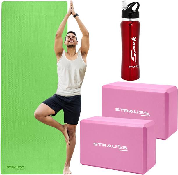 Strauss Yoga Combo Kit | 6mm Eva Yoga Mat with Stainless steel bottle & Yoga Block Pair Yoga Kit