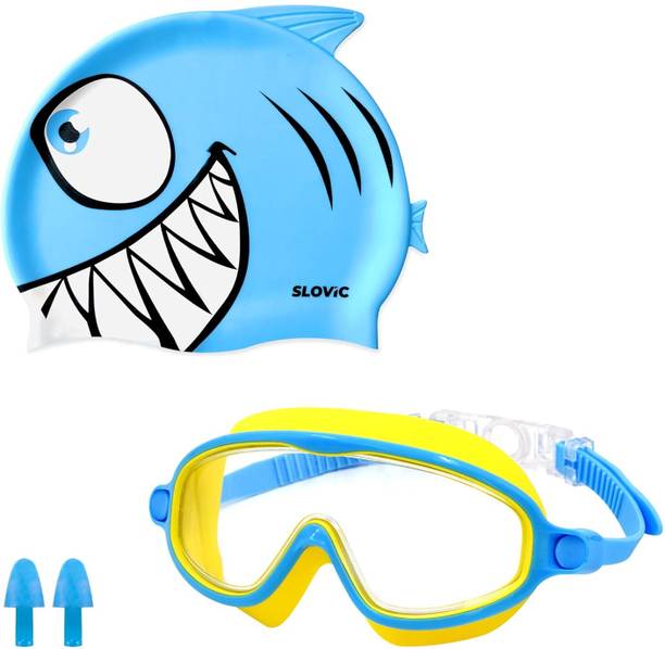 स्लोविक Goggles & Cap Set for Kids With Ear Plugs & Nose Clip | UV Protection| Combo स्विमिंग किट