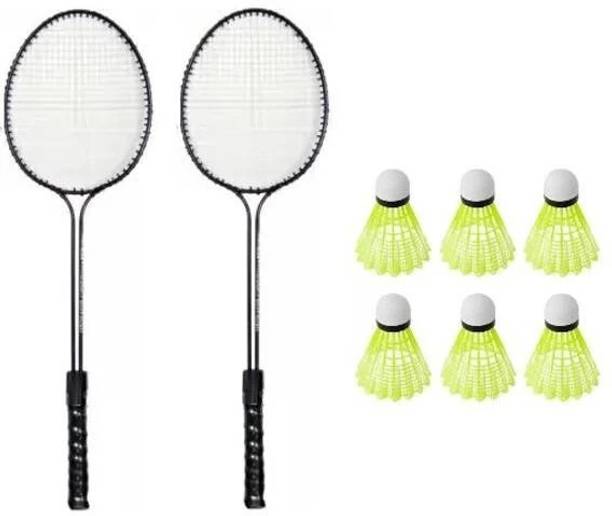 Monika Sports 2 Double Shaft Racquet with 6 pc Nylon Shuttle Badminton Kit