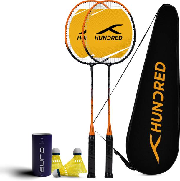 Hundred Powertek 100 (2 Strung Rackets with 1 Full Cover) & 3pc Aura Nylon Shuttlecocks Badminton Kit