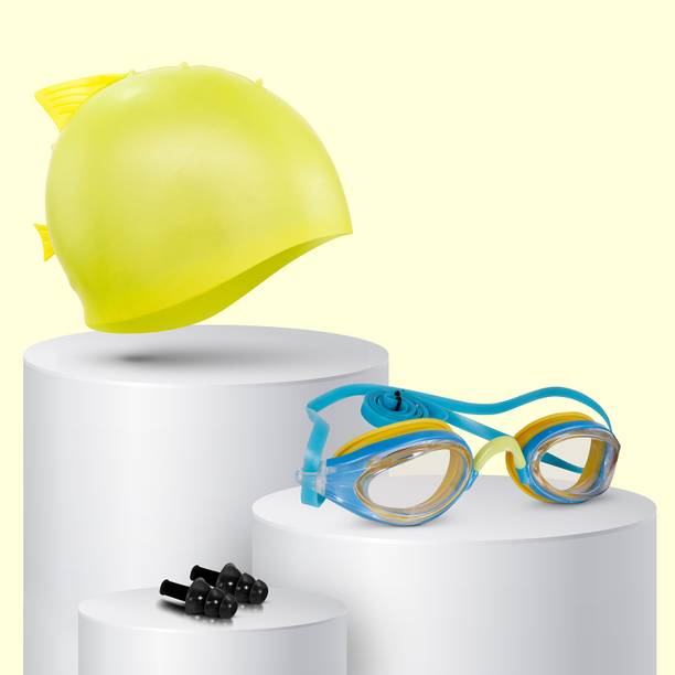 VIVA SWIMMING Shark Fin Kids Swimming Cap & Goggles with 2 Ear Plug Kids Combo Swimming Kit