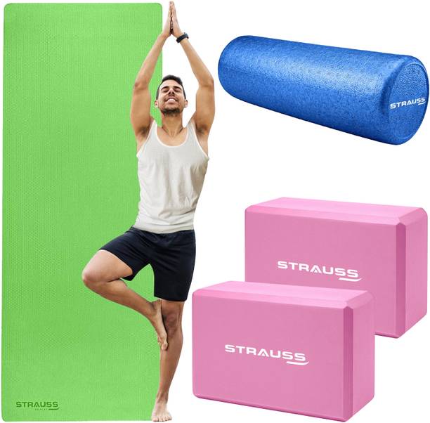 Strauss Yoga Combo Kit | 6mm Eva Yoga Mat with Yoga block Pair & Foam Roller Yoga Kit