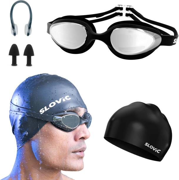 SLOVIC Goggles & Cap with Ear Plug Nose Clip | UV Protection| Swimming Kit