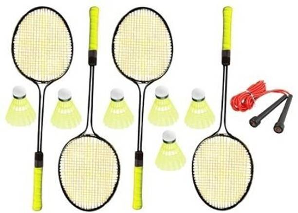 NS Sports Badminton Racquet Set of 4pcs(2 Pair) With 6pcs Nylon Shuttles 1 Skipping Rope Badminton Kit