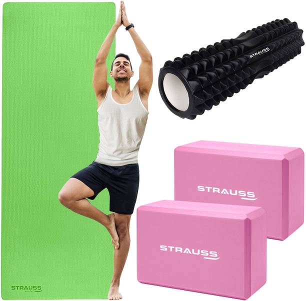 Strauss Yoga Combo Kit | 6mm Eva Yoga Mat with Yoga block Pair & Foam Roller Yoga Kit