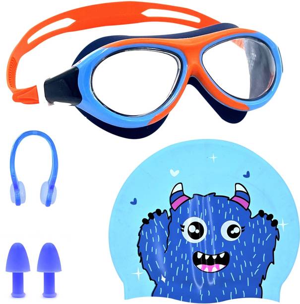 स्लोविक Goggles & Cap Set for Kids With Ear Plugs & Nose Clip | UV Protection| Combo स्विमिंग किट