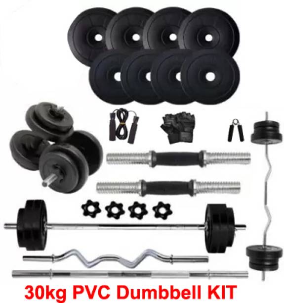 DCS Pro 30 KG PVC DUMBBELL SET + 3ft. (CURL + STRAIGHT) RODS + FITNESS ACCESSORIES Home Gym Kit