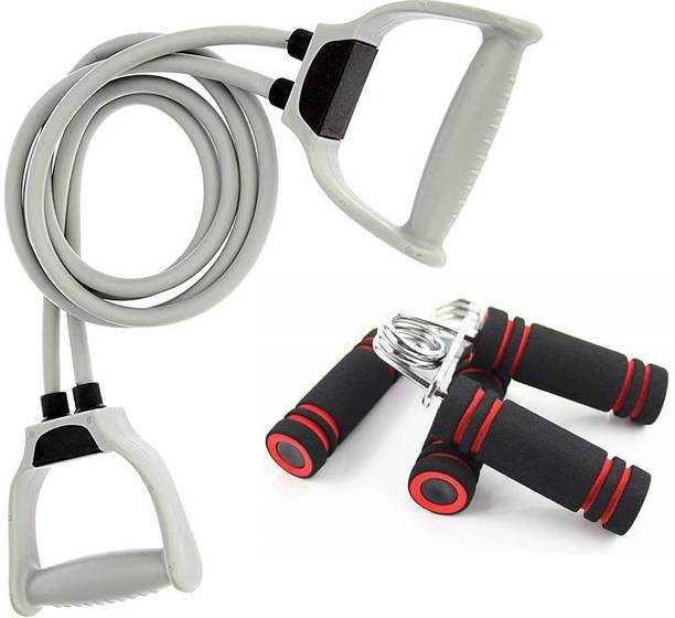 Fitnesstricks 2 Foam Hand Gripper & Double Toning Tube with D Handle for Exercise Workout Fitness Accessory Kit Kit
