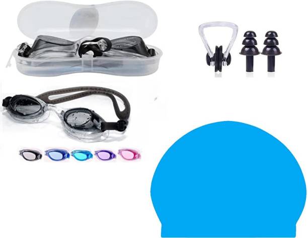 ArrowMax Swimming Goggle Silicone Cap Earplug Noseplug Premium Kit Set Adults Kids Swimming Kit