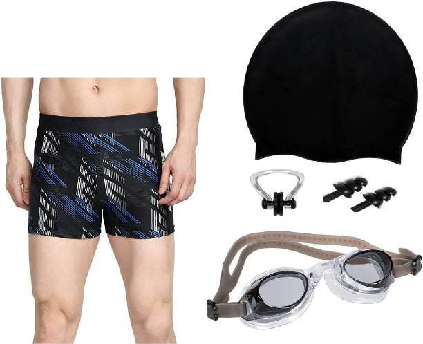 ArrowMax HIGH QUALITY MEN SWIMMING COSTUME FREE SIZE (28in-34in) GOGGLES CAP 2 EARPLUG NOSE CLIP SWIMSUIT Swimming Kit