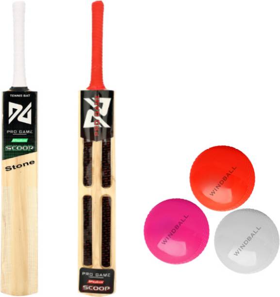 Pro Game Poplar Willow Scoop Design Stone Tennis Bat &amp; 1 Wind Ball Multicolor Colour Cricket Kit