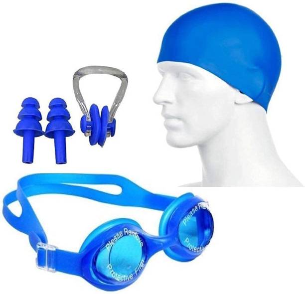 ADONYX Swimming Combo Set with Google, Swim Cap, Ear Plugs and Nose Clip Swimming Kit