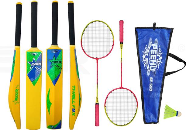STARX Thrill Fox Plastic Bat Full Size, Plastic Bat for Tennis Ball PVC/Plastic Cricket Bat With Soft Grip Badminton Racket with Cover and Shuttle Cork क्रिकेट किट
