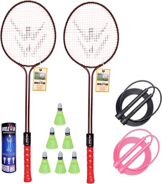 WILLWIN Double Shaft set of 2 Racket And 6 Nylon Shuttle And 2 Skipping Rope Badminton Kit