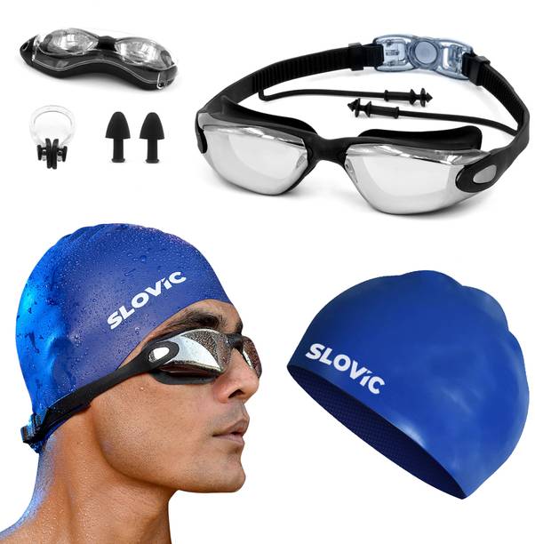 स्लोविक Goggles & Cap for Adults | Changeable Nose Bridge | Anti-Fog | Combo स्विमिंग किट
