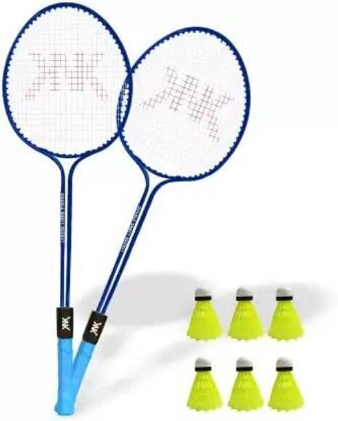 KNK Double Shaft Single Colour Set Of 2 Racket With 6 Piece Plastic Shuttle Badminton Kit