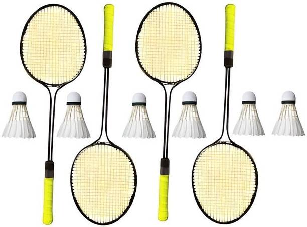 NS Sports Badminton Racquet Set of 4pcs (2 Pair) With 6pcs Feather Shuttles Badminton Kit
