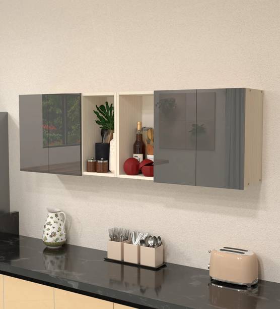 SPECIALITY PANELS 4 Door Mirror glossy triple layer UV resistant handless shutter with 6 Shelf Engineered Wood Crockery Cabinet