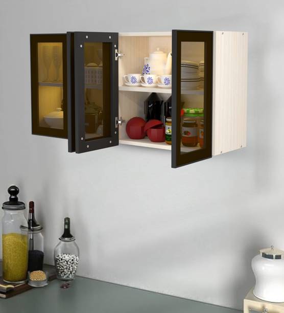 SPECIALITY PANELS Aluminium Black Profile 4 Brown Tinted Glass handless shutters, French Cleat Engineered Wood Crockery Cabinet