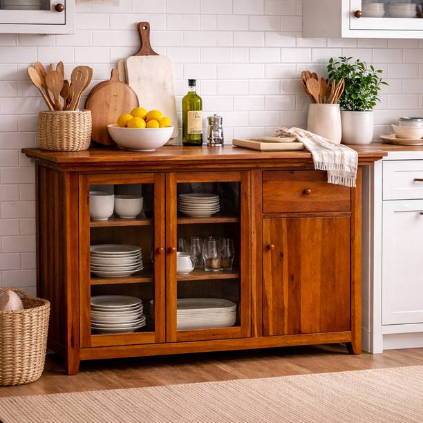 Shubhankar Art Solid Wood Kitchen Cabinet Storage with Drawer & Crockery Showcase Unit Solid Wood Kitchen Cabinet