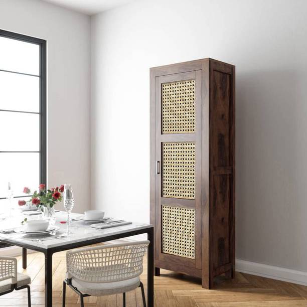 shree natural Wooden Cane Kitchen Crockery Cabinet with 1 Door & 5 Shelf for Living Room Solid Wood Crockery Cabinet