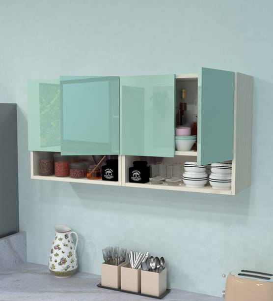 SPECIALITY PANELS 4 Door Mirror glossy triple layer UV resistant handless shutter, Organizer Shelf Engineered Wood Crockery Cabinet