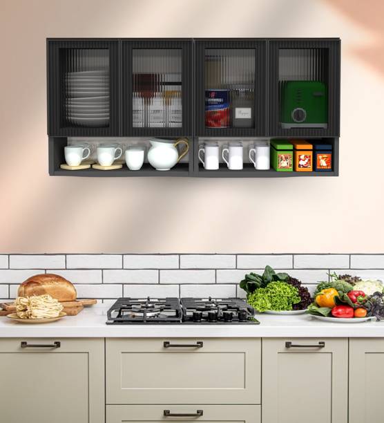 SPECIALITY PANELS Aluminium Profile 4 Fluted Plain Glass Handless, OrganizerShelf, French Cleat Engineered Wood Kitchen Cabinet