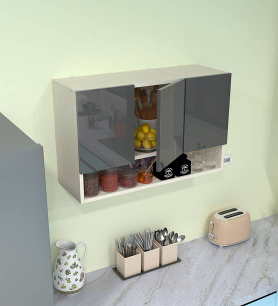 SPECIALITY PANELS 3 Door Mirror glossy triple layer UV resistant handless shutter, Organizer Shelf Engineered Wood Kitchen Cabinet