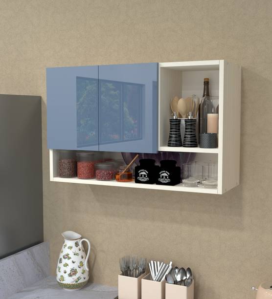 SPECIALITY PANELS Mirror glossy triple layer UV resistant handless shutter with 3 Organizer Shelf Engineered Wood Crockery Cabinet