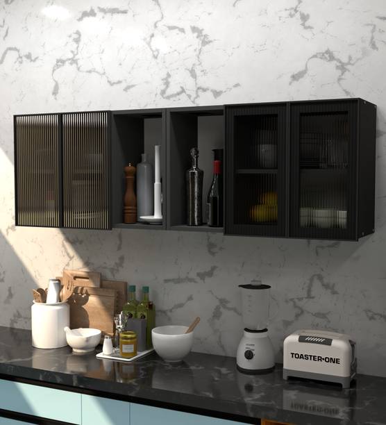 SPECIALITY PANELS Aluminium Profile 4 Fluted Plain Glass handless with 6 shelf, French cleat Engineered Wood Crockery Cabinet