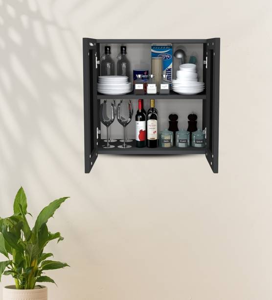 SPECIALITY PANELS Aluminium Black Profile 2 Grey Tinted Glass handless shutters, French cleat Engineered Wood Kitchen Cabinet