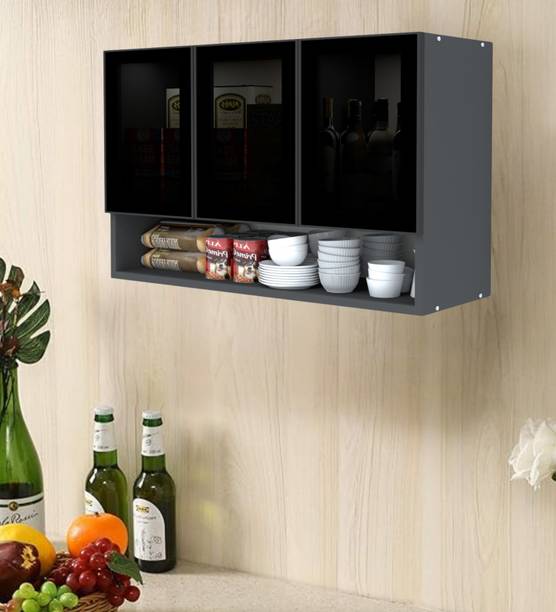SPECIALITY PANELS Aluminium Black Prof. 3 Grey Tinted Glass handless, OrganizerShelf, French Cleat Engineered Wood Kitchen Cabinet