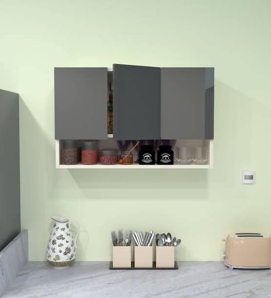 SPECIALITY PANELS 3 Door Mirror glossy triple layer UV resistant handless shutter, Organizer Shelf Engineered Wood Crockery Cabinet