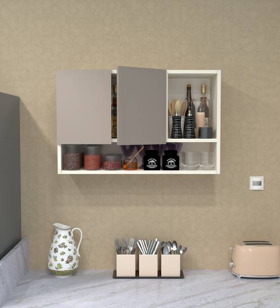 SPECIALITY PANELS Mirror glossy triple layer UV resistant handless shutter with 3 Organizer Shelf Engineered Wood Crockery Cabinet