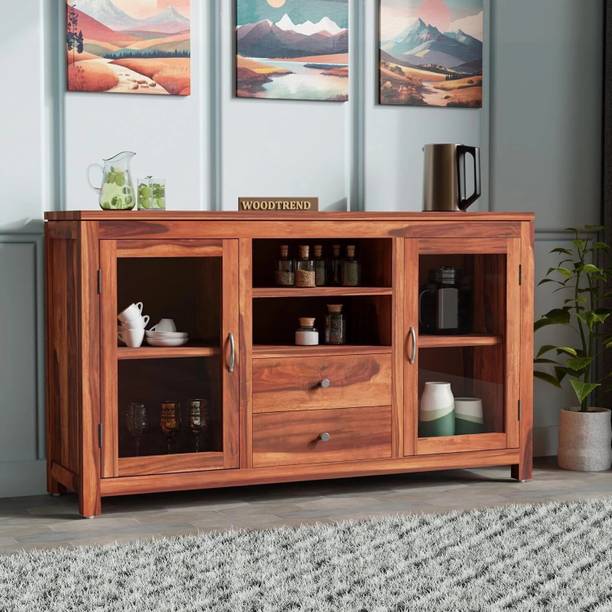WOODTREND Solid Sheesham Wood Kitchen Sideboard With Multiple Shelves,Glass Doors & Drawer Solid Wood Kitchen Cabinet