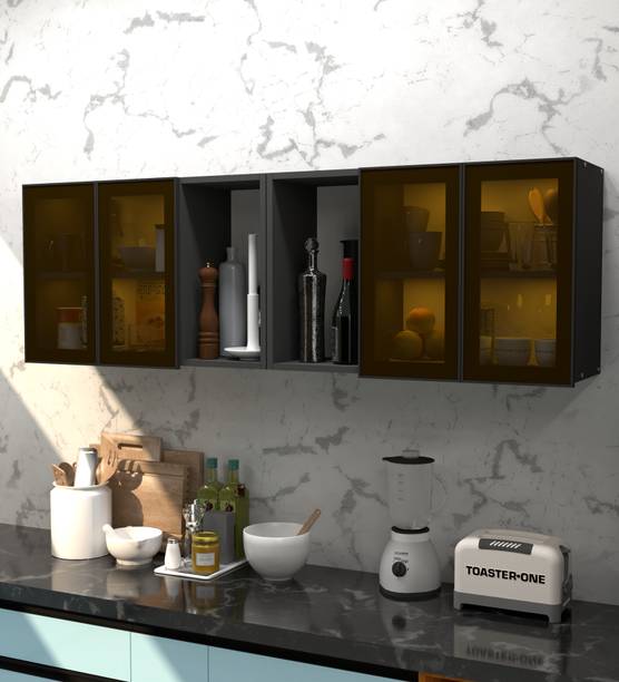 SPECIALITY PANELS Aluminium Profile 4 Bown Tinted Glass handless with 6 Shelfs, French cleat Engineered Wood Crockery Cabinet