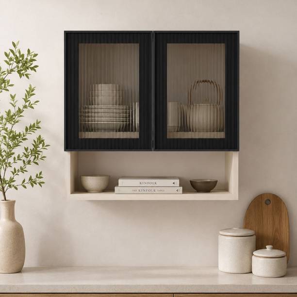SPECIALITY PANELS Black Profile 2 Door Fluted Plain Glass Handless shutter Free assembly by Brand Metal Kitchen Cabinet