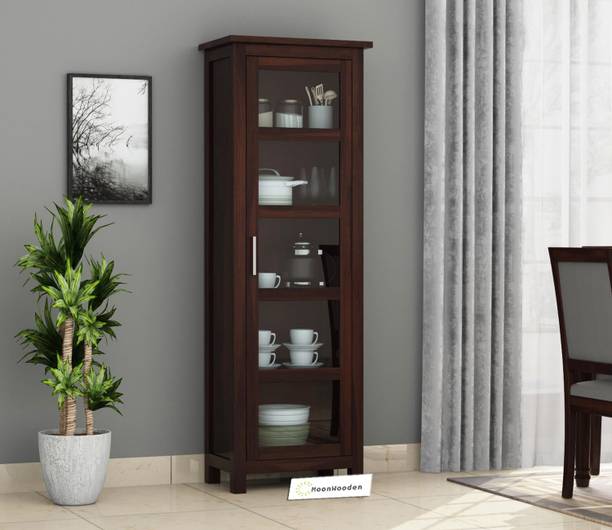 MoonWooden Crockery Cabinet with Glass Door | Wooden Book Shelf Cabinet with Storage Rack Solid Wood Kitchen Cabinet