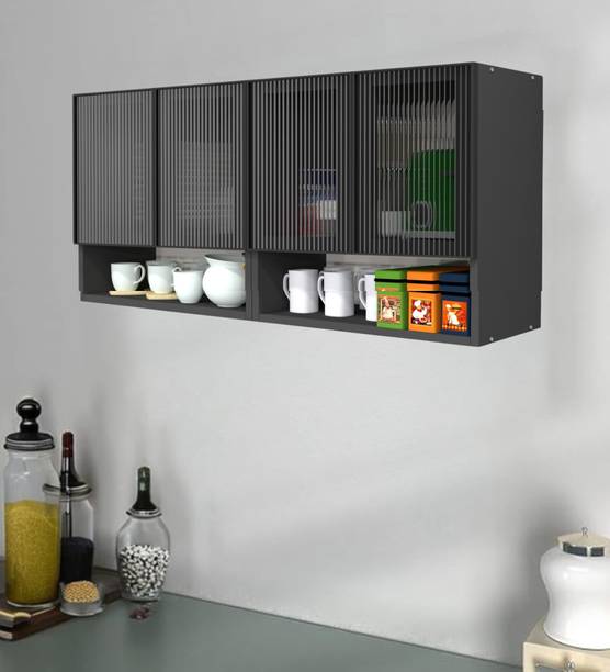 SPECIALITY PANELS Aluminium Profile 4 Fluted Plain Glass Handless, OrganizerShelf, French Cleat Engineered Wood Crockery Cabinet