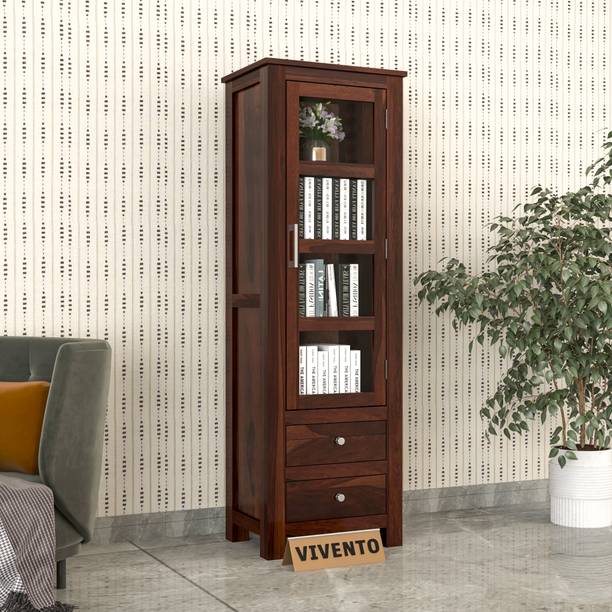 VIVENTO Sheesham Wood Kitchen Cabinet Cum Book Shelf With Glass Door & Drawer Storage | Solid Wood Kitchen Cabinet