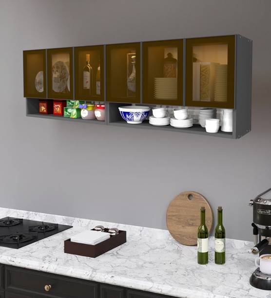 SPECIALITY PANELS Aluminium Prof. 6 Brown Tinted Glass handless, OrganizerShelf, French Cleat Engineered Wood Crockery Cabinet